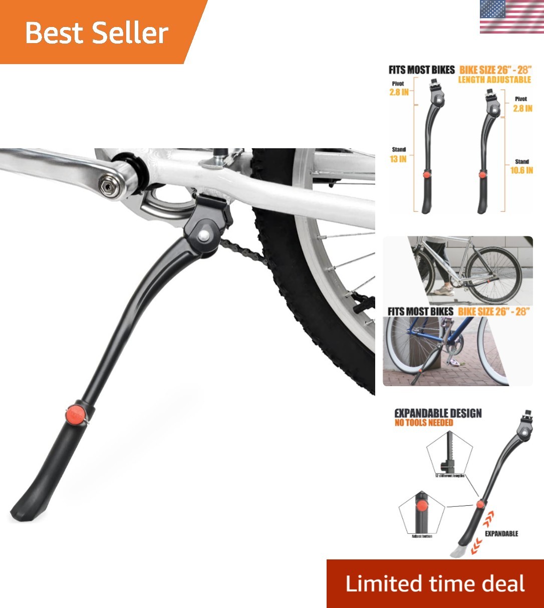 Black Adjustable Aluminum Kickstand for 24-29 Inch Bikes with Customer Guarantee
