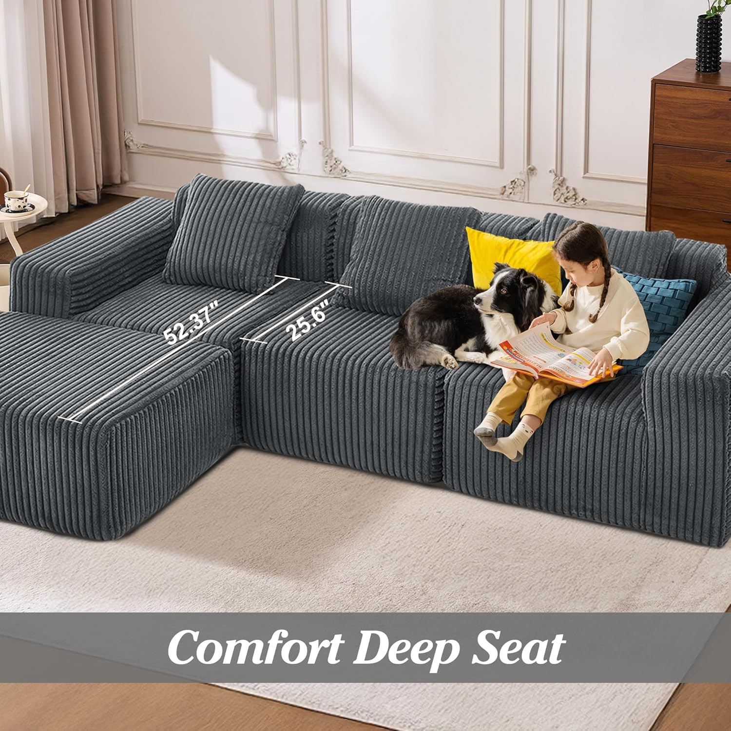 Dark Gray Modular L-Shaped Sofa with Chaise & Memory Foam, 101