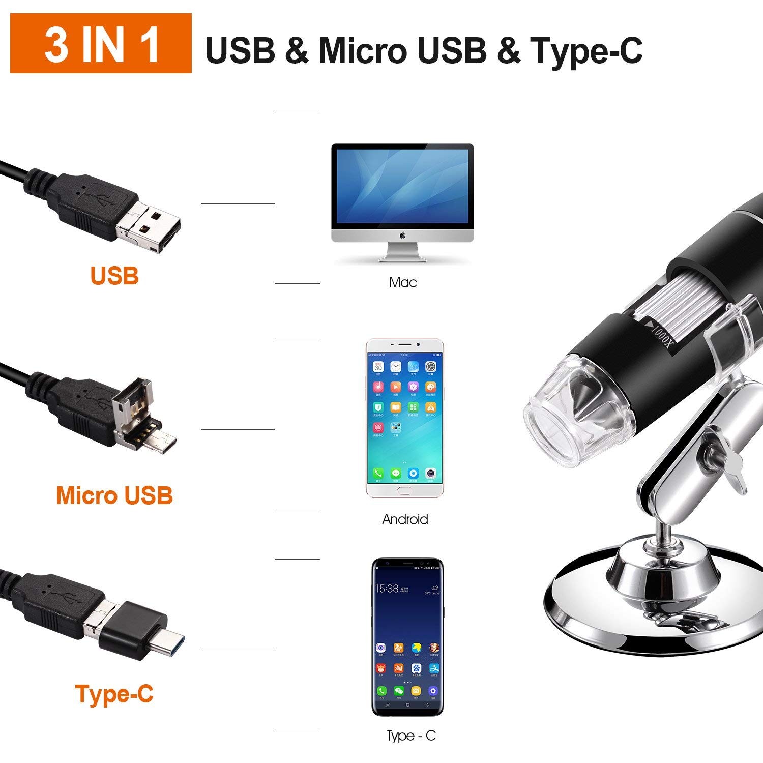 USB Digital Microscope 40X to 1000X, 8 LED Magnification Endoscope Camera with C