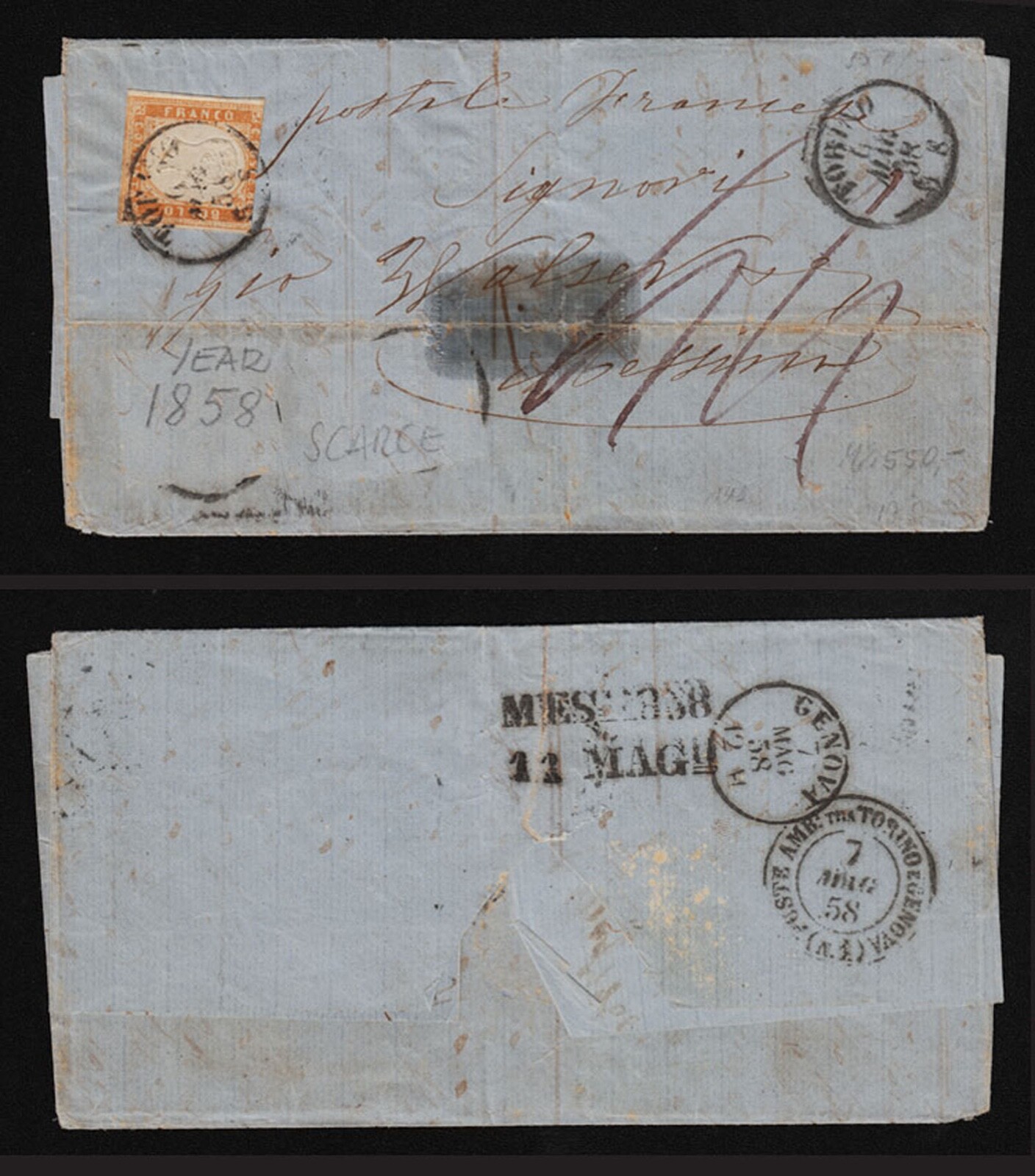 Italy 1858 cover used Torino to Genova . g1960