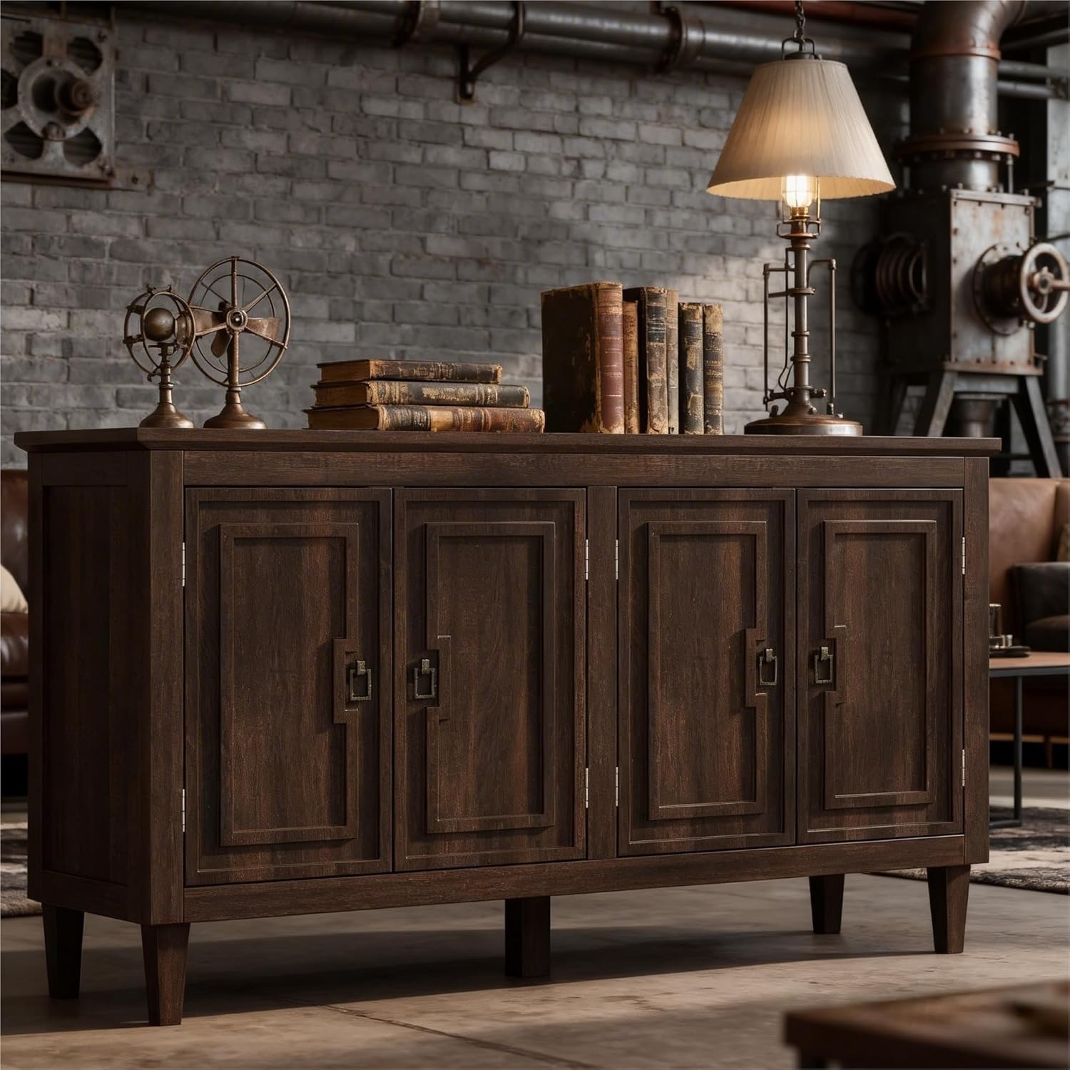 60" Sideboard Cabinet with 4 Doors,Mid  Wood Stora