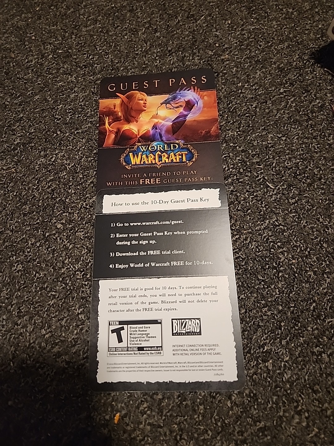 World Of Warcraft 10 Day Guest Pass Key 2011 Blizzard Entertainment - New