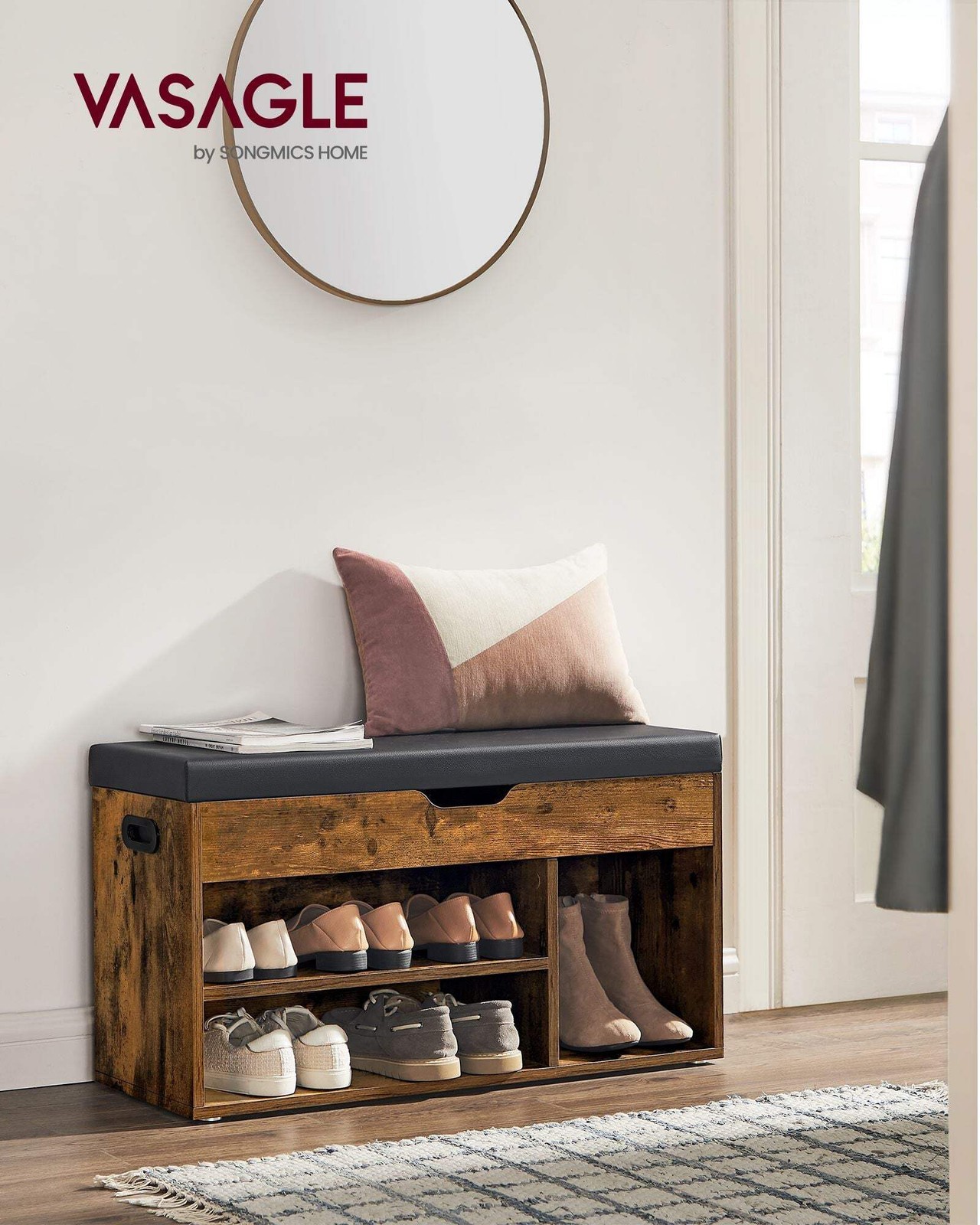 Storage Bench with Cushion, Padded Seat, 3 Compartments