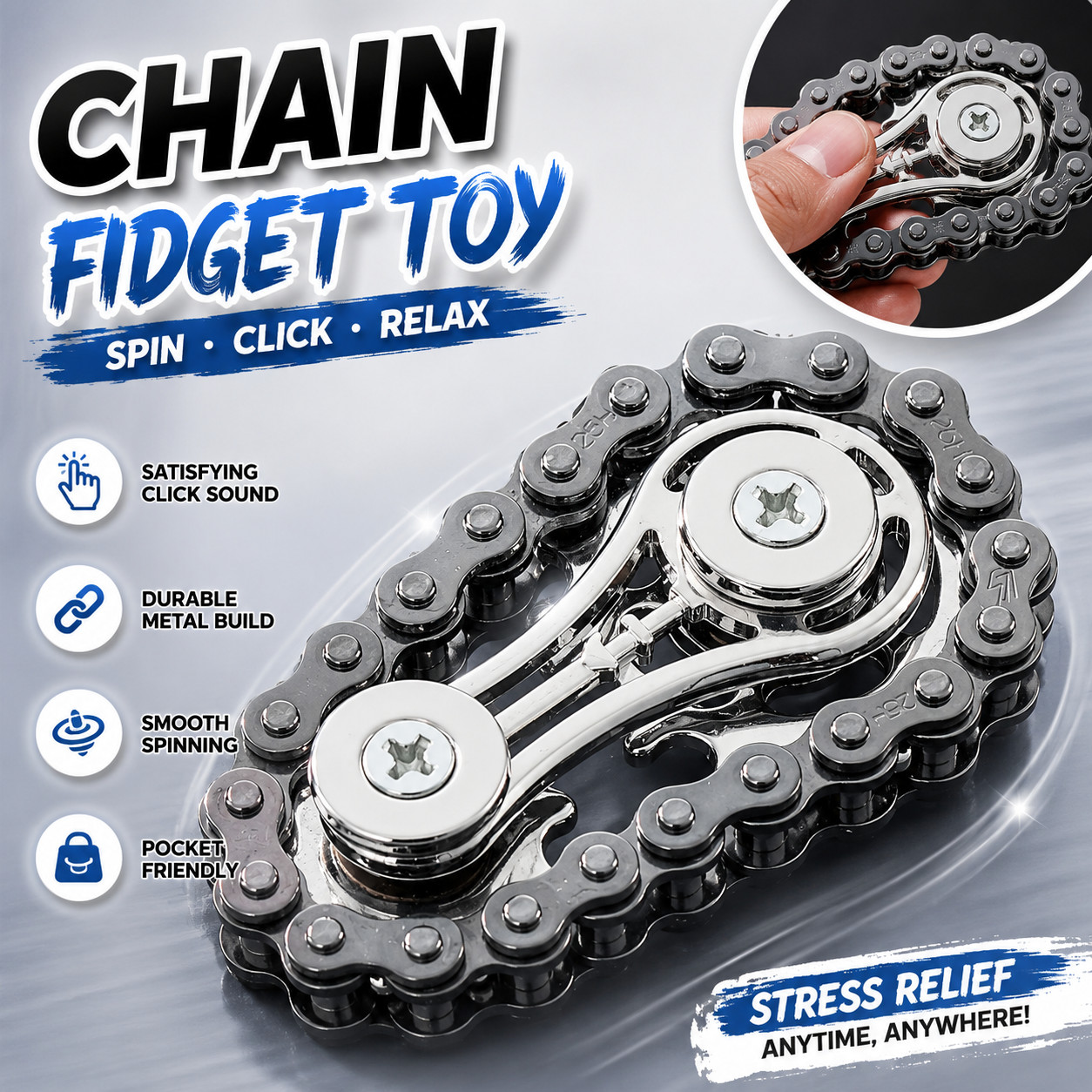 Black Metal Bike Chain Gear Fidget Spinner – EDC Stress-Relief Finger Gyro Toy