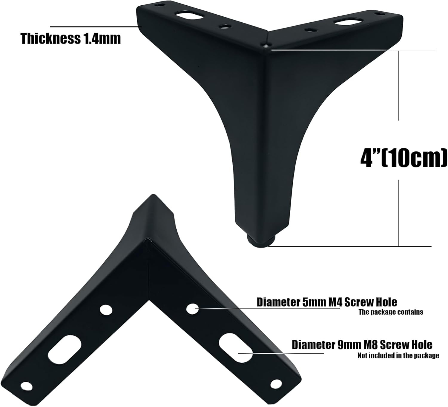 4 Pack 4" Matte Black Metal Furniture Legs, 1.4mm Thickness Metal Cabinet Feet(B