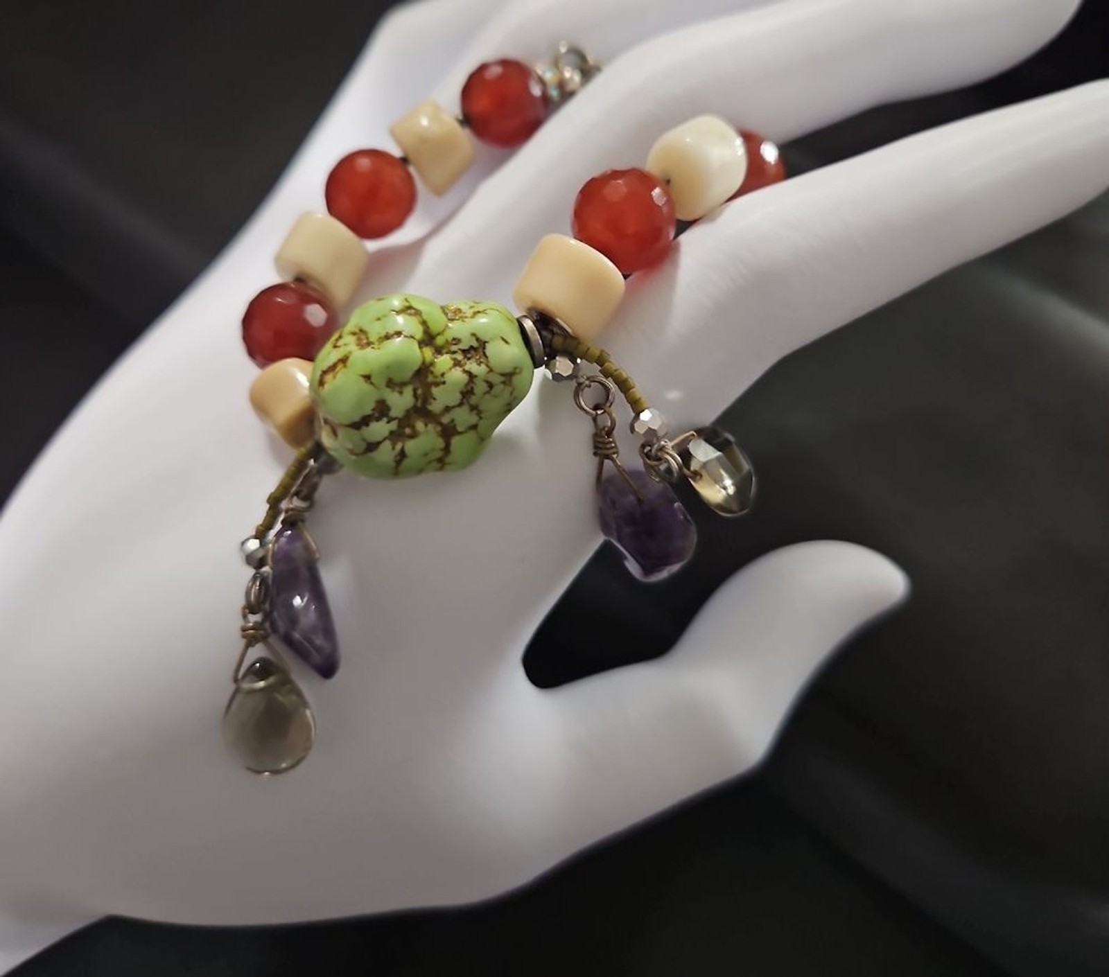 Green Turquoise Amethyst And Crystal Multicolor Beaded Bracelet