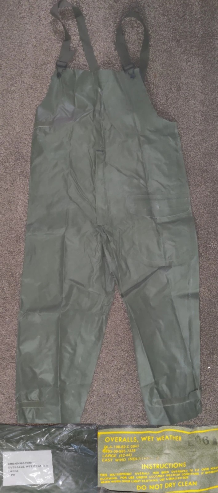 New Genuine US Military Wet Weather Bib Overalls Coverall - LARGE  Deadstock NOS