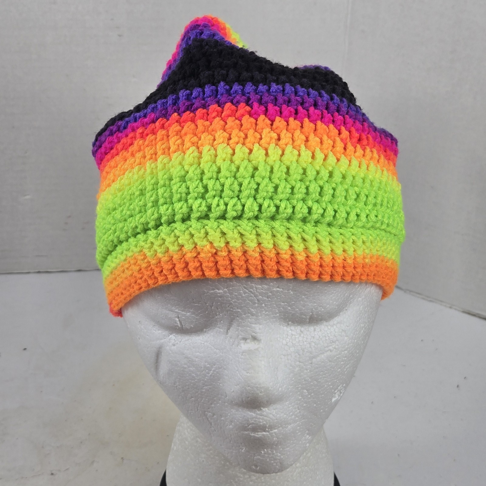 NEW Crochet Bright Neon Striped Toboggan Ski Hat Beanie Boho Unisex Adult OSFM