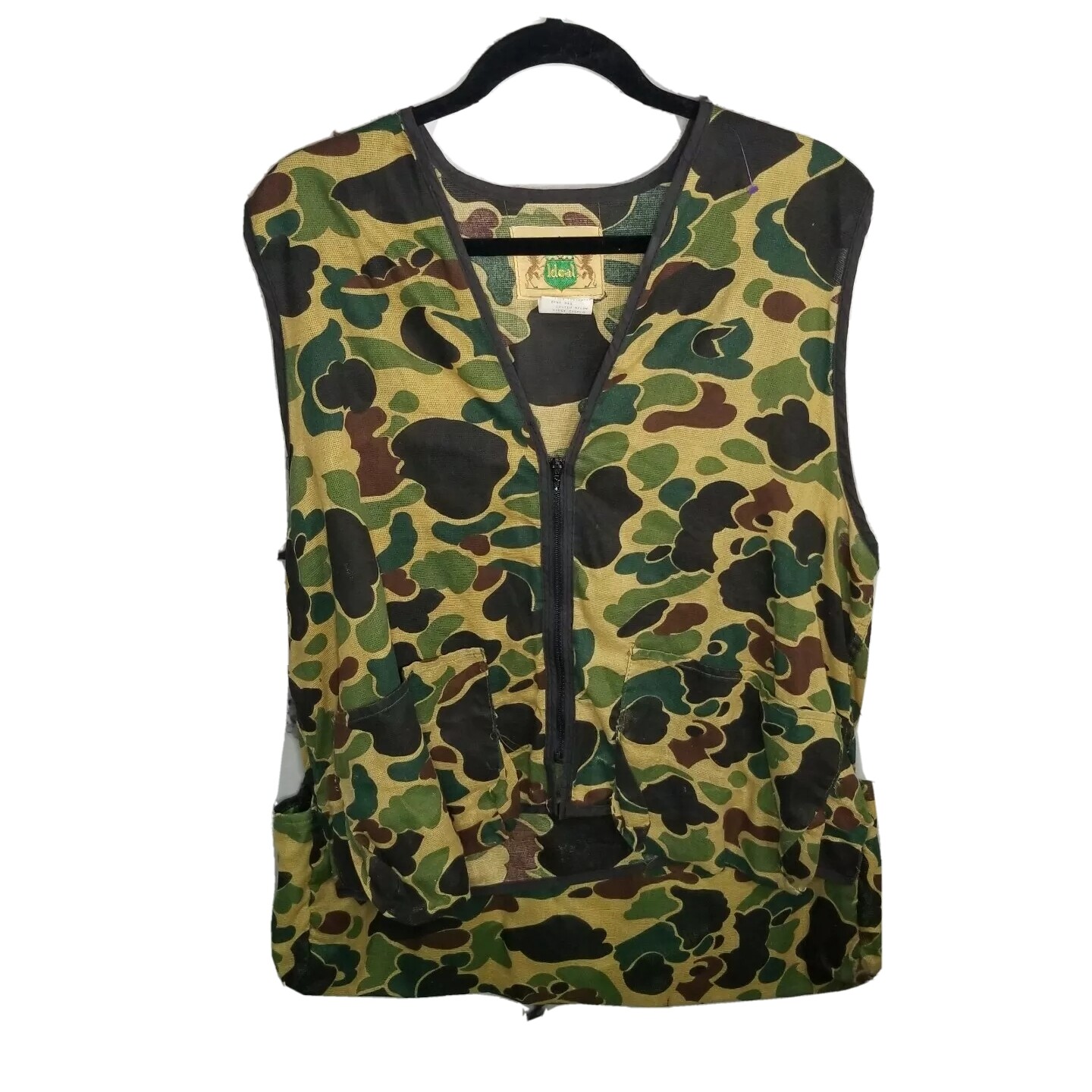 VTG 70s Camo Hunting Vest Sz L 42 44 Made In USA Zipup Game Pocket By Ideal