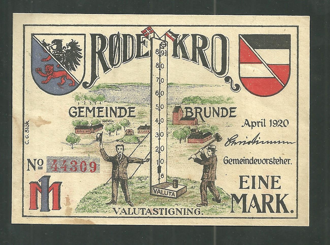 April 1920 Germany Brunde Rothenkrug 1 Mark Notgeld Note Gemeinde Rode Kro