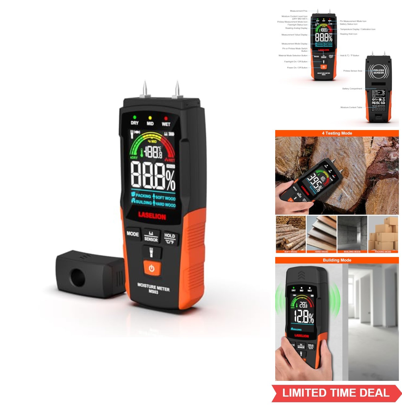 Moisture Meter 2-in-1 Pin Pinless Wood Concrete Drywall LCD Display Flashlight
