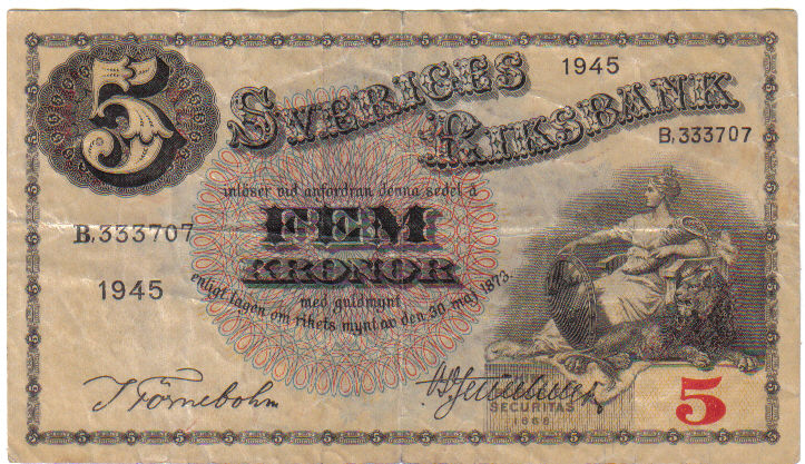 SWEDEN 5 KRONOR 1945 PICK 33 LOOK SCANS