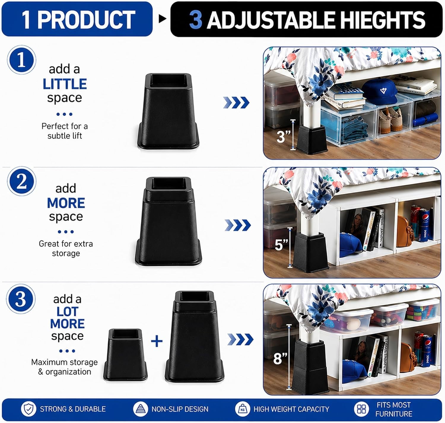 Adjustable Bed Risers - Elevation in 3, 5 or 8 Inch - Heavy Duty Stackable Fu...