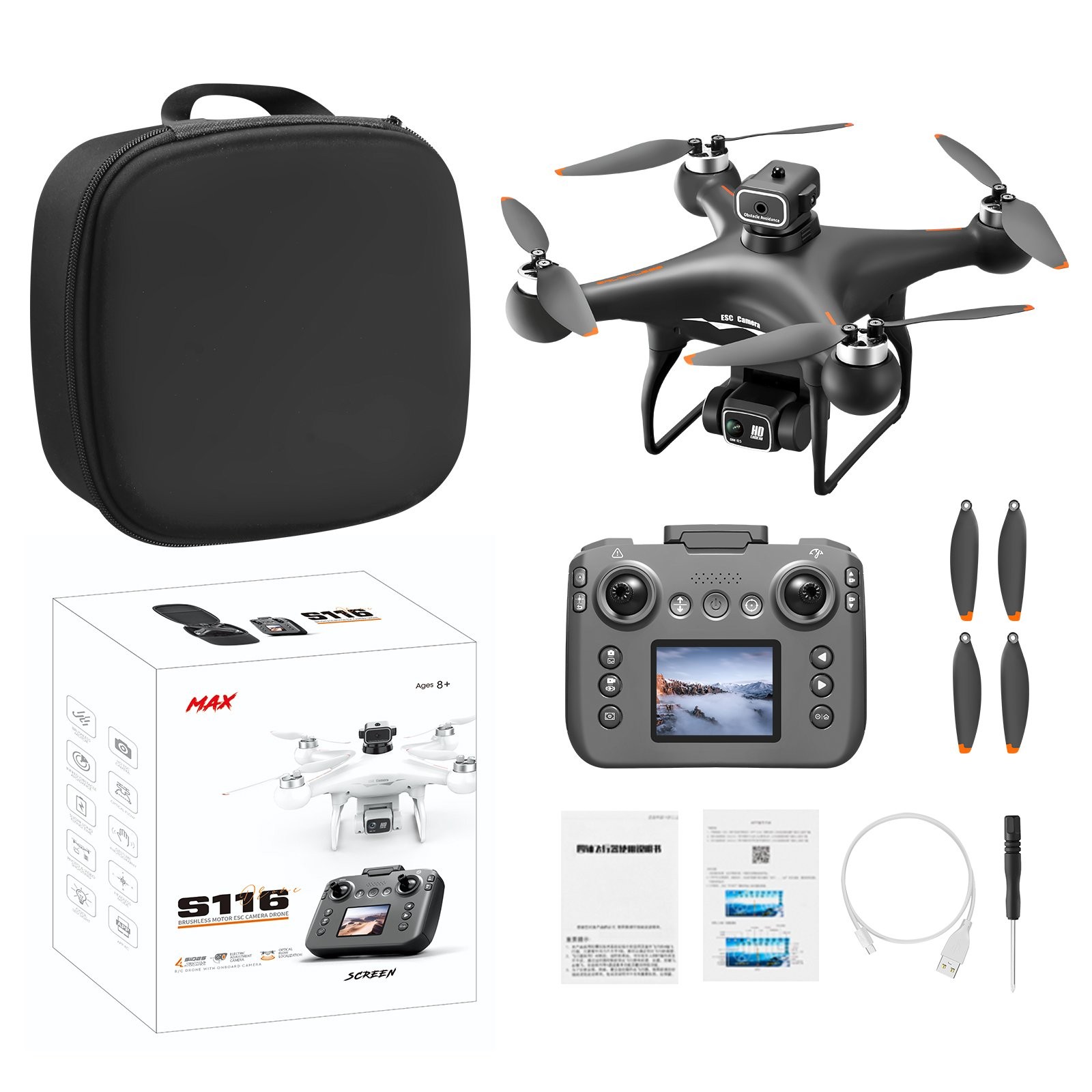 S116 GPS Drone with Screen Controller, Two-Batteries, Brushless Motor, Altitude