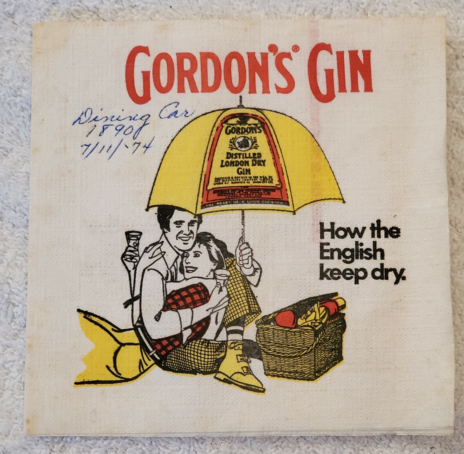 Vtg 1974 Gordon's Gin Paper Bar Restaurant Napkin Double Sided Color Advertising