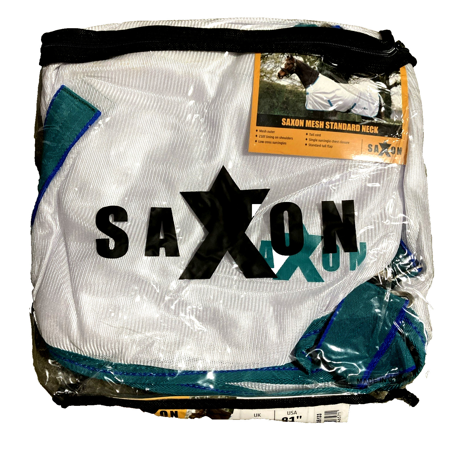 Saxon Mesh Standard Neck Fly Sheet Size 81” White Teal UV Protection Horse Sheet