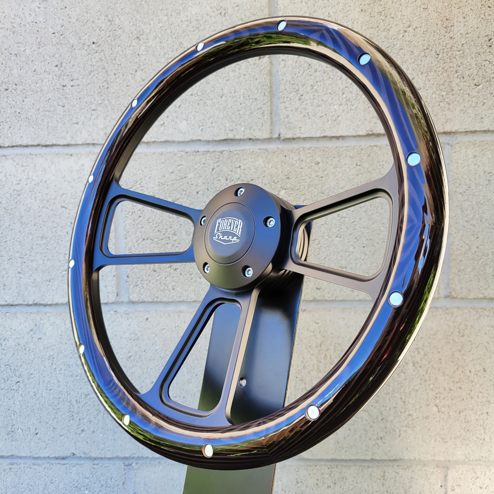 14" Black Billet Steering Wheel Dark Burnt Flame Pine Wood Real Aluminum Rivets