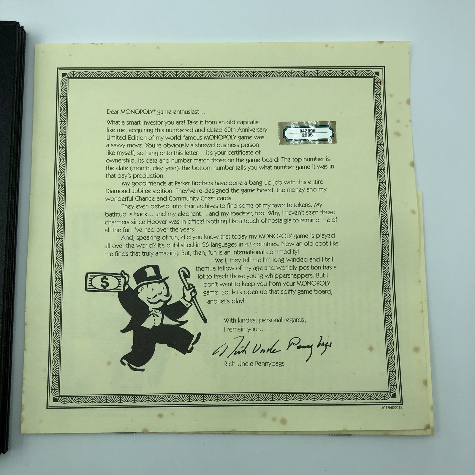 Monopoly 60th Anniversary Edition Replacement Game board & instructions numbered