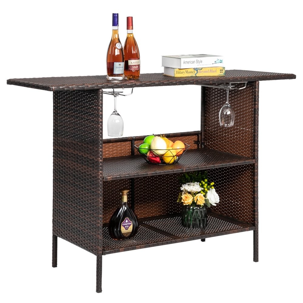 Outdoor Patio Rattan Wicker Bar Counter Table with Shelves Backyard Furniture US