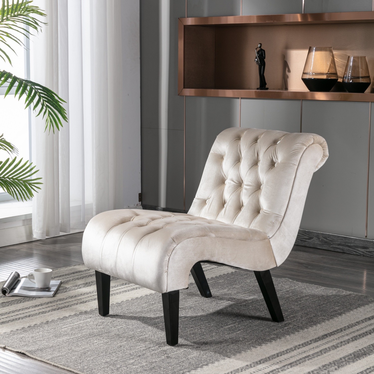 Armless Velvet Tufted Accent Chair Lounge Chair w/ Solid Wood Legs for Apartment