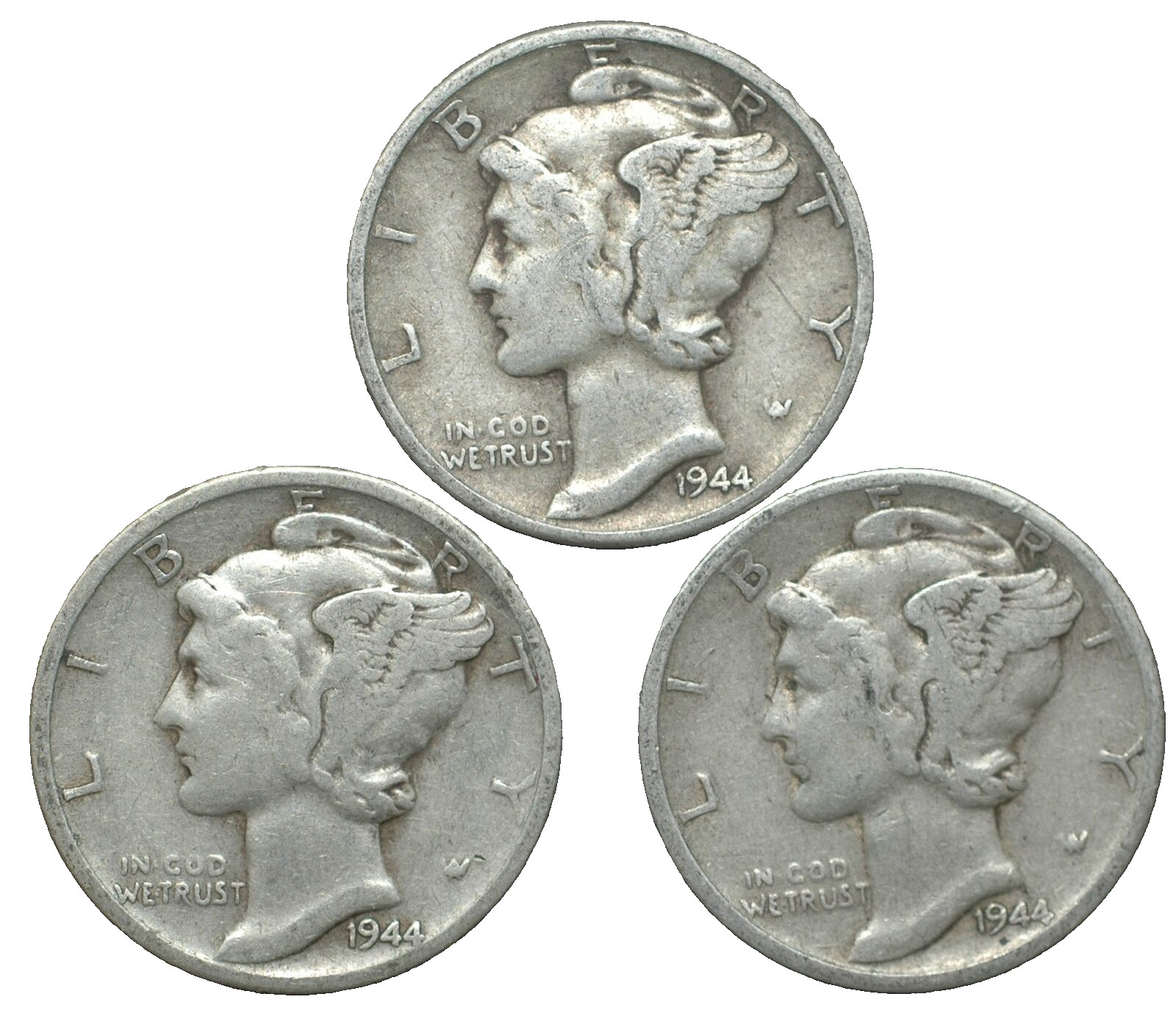 1944-P-D-S Winged Liberty Mercury Silver dime year mint set of 3 coins