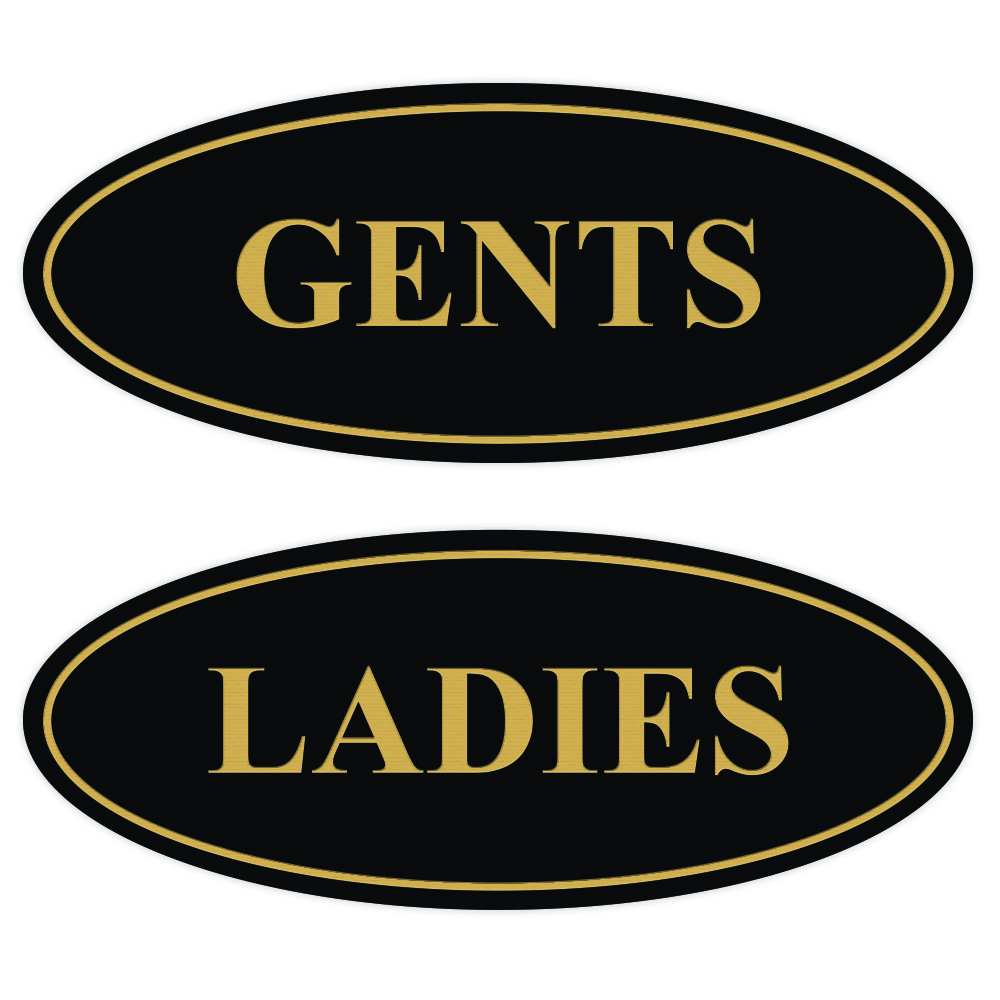 Oval LADIES GENTS Restroom Signs - 2 Pack - Black / Gold Medium