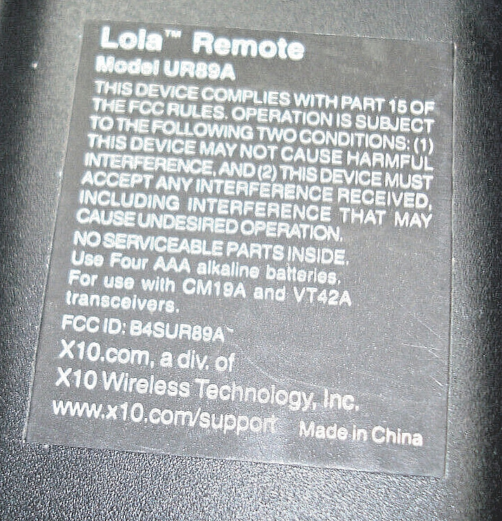 X10 Security Component: LOLA Remote Control Unit Number UR89A