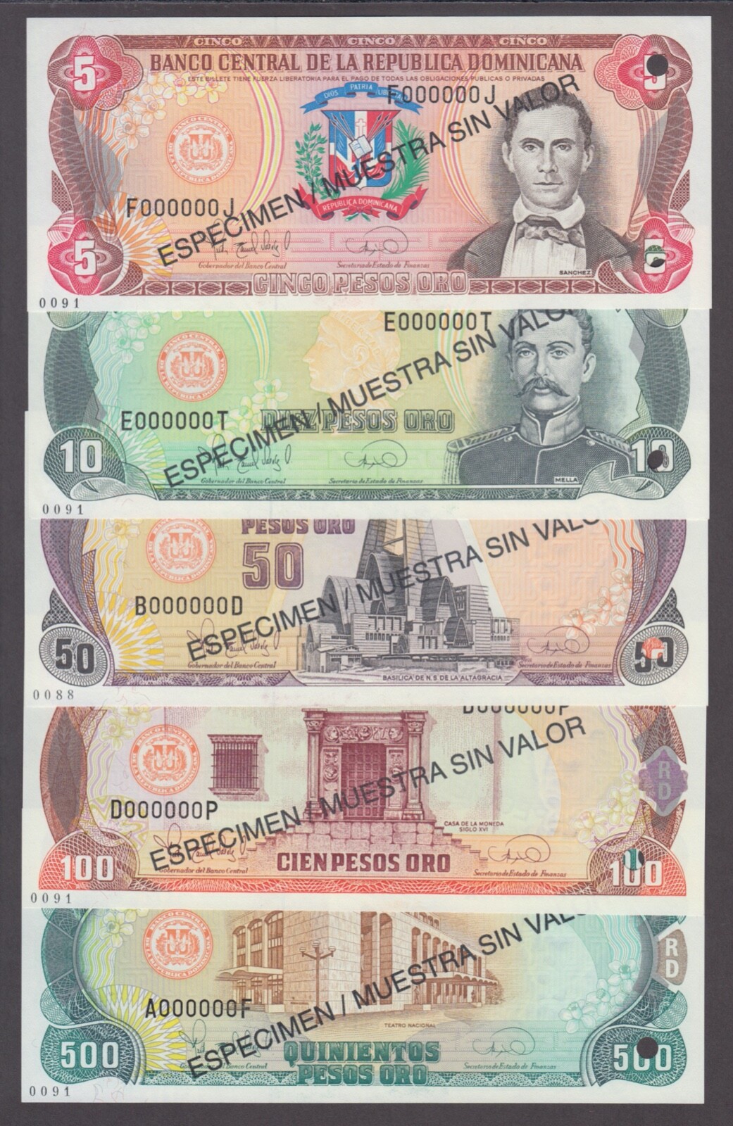 Dominican Republic SPECIMEN SET 5.10.50.100.500 -1995  5 VALUE  UNC        2407