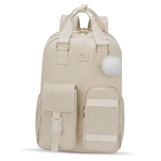 15.6 Inch Laptop Backpack, Cute Corduroy College School Work Bookbag | Beige