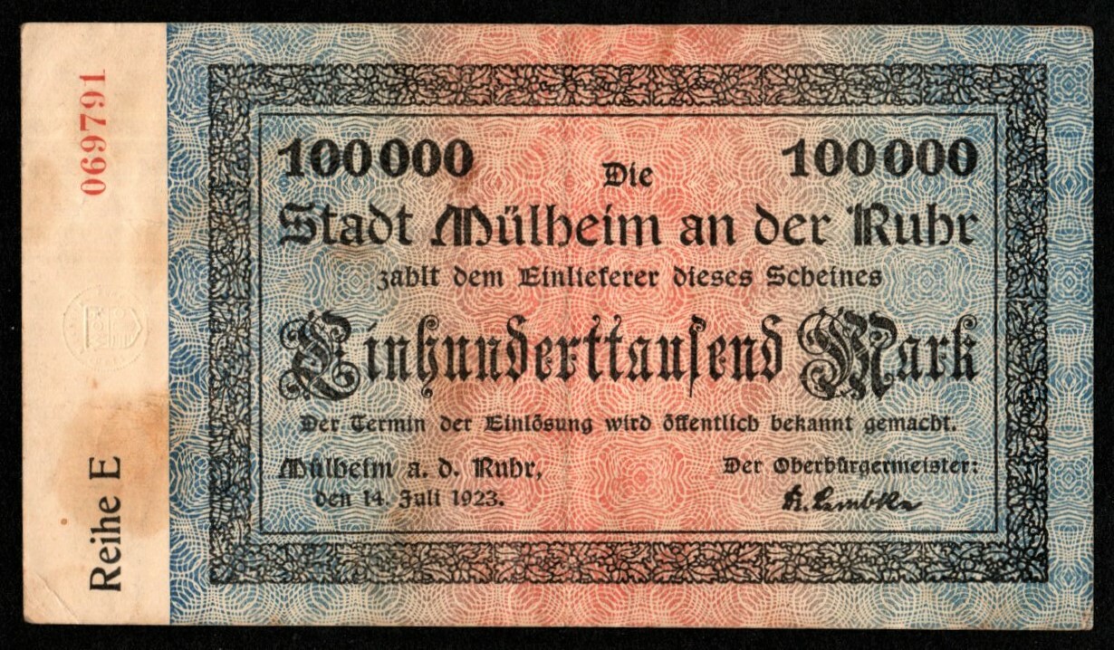 GERMANY 100,000 MARK BANKNOTE 1923 - STADT MULHEIM - VERY FINE