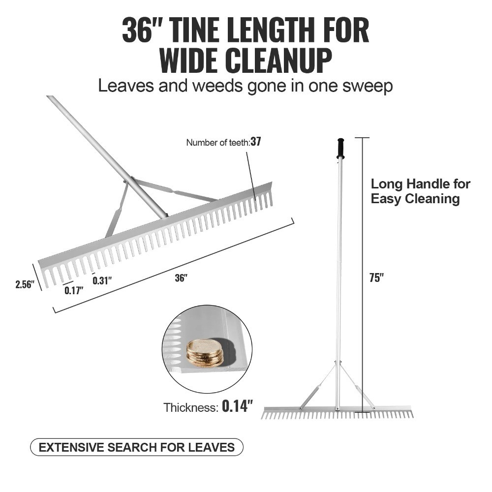 Landscaping Rake 36" Head Aluminum Landscaping Rake 75" Adjustable Handle