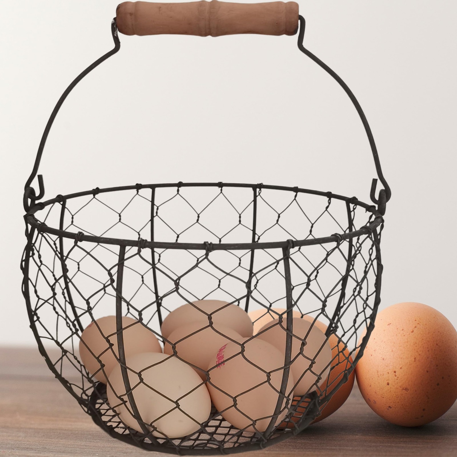 . Farmhouse Wire Egg Basket for Gathering Fresh Eggs with Handle, Round Metal...