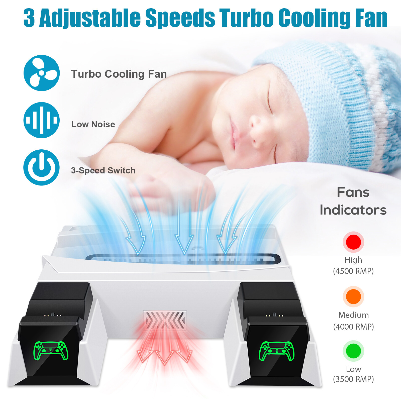 For Playstation 5 Dualsense Controller Charging Station PS5 Cooling Fan White
