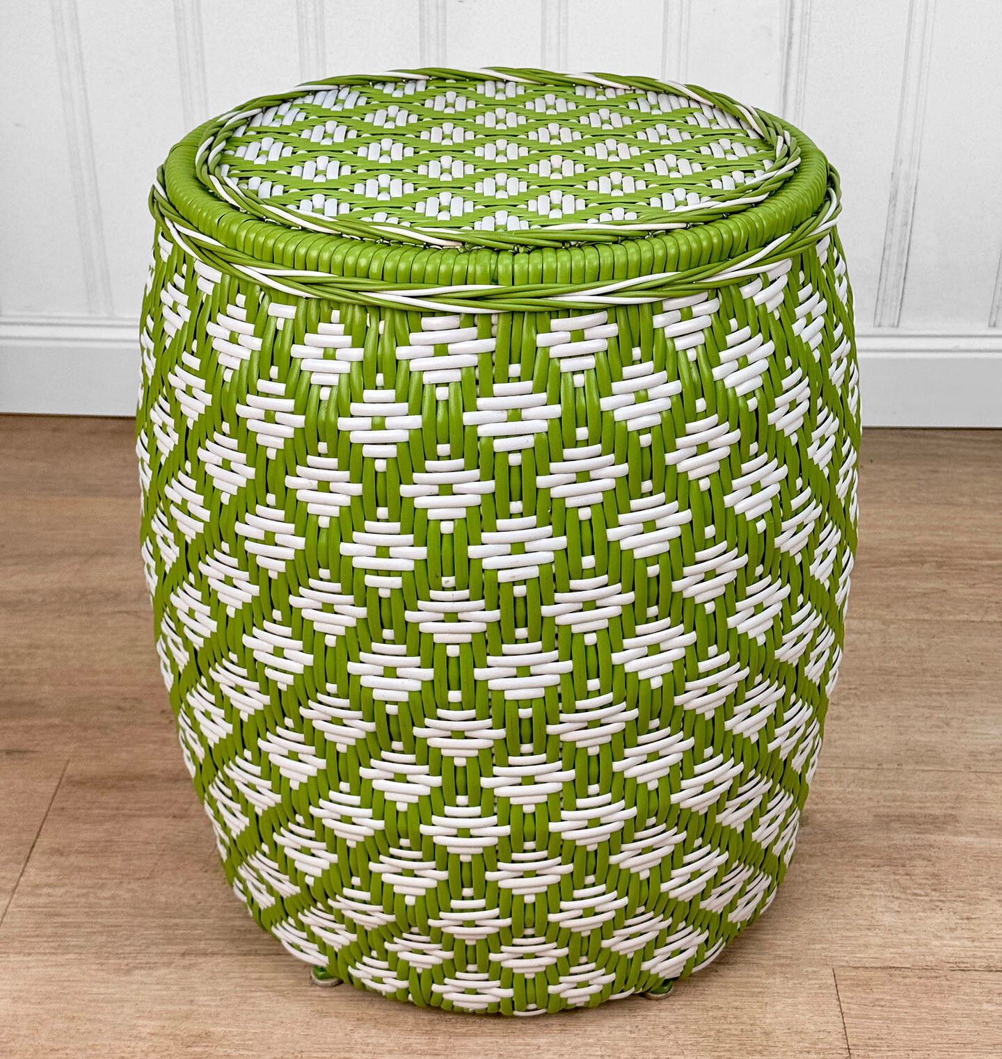 Vintage Boho Avocado Green & White Argyle Faux Wicker Garden Stool