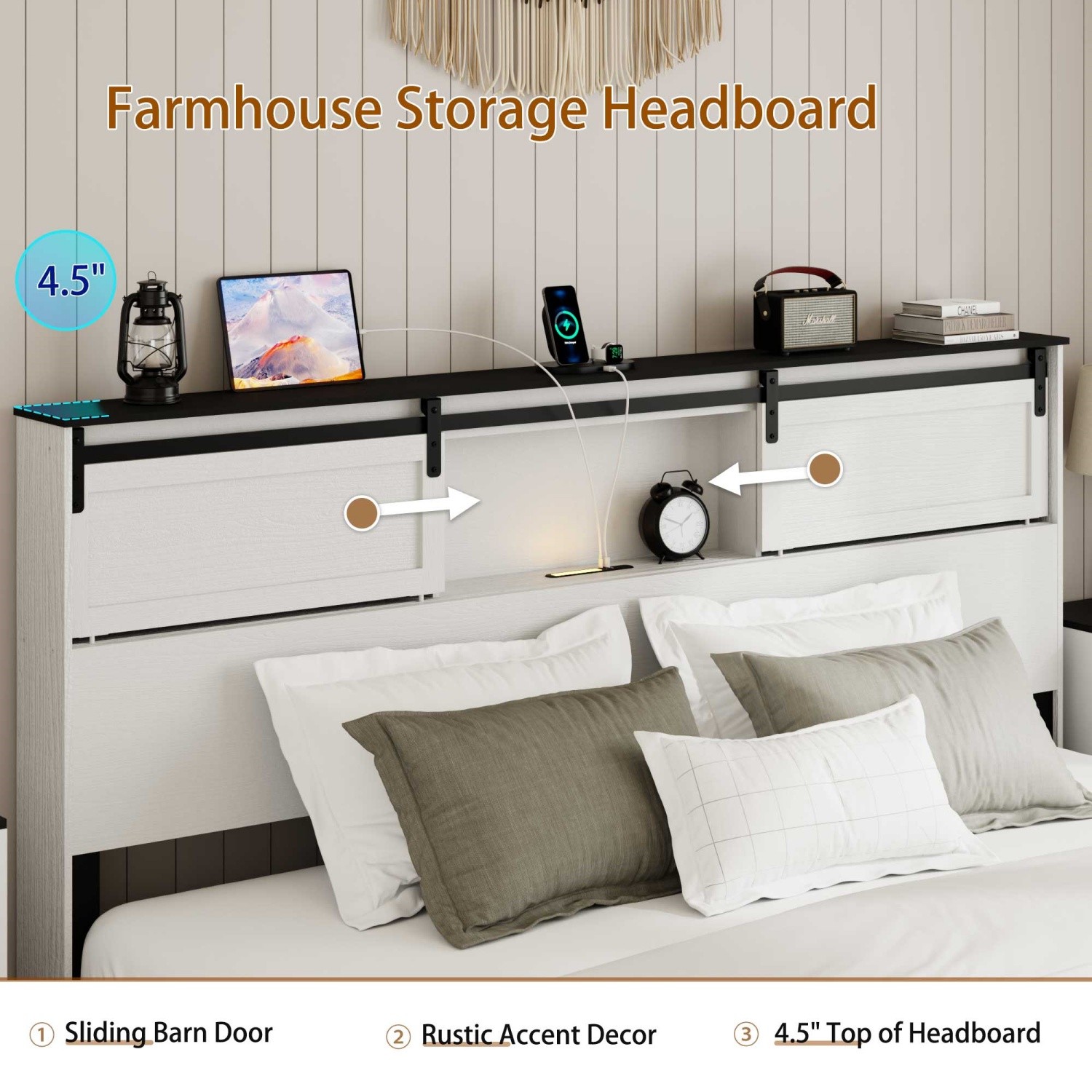 Queen King Size Platform Bed w/ Storage Headboard & LED Light & USB Ports White