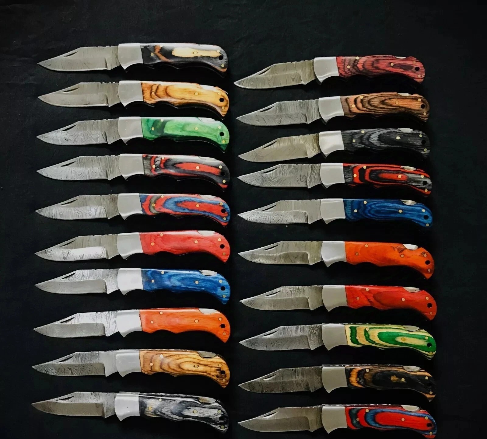 LOT of 20, Damascus Steel Folding Camping Pocket Knives W/ Leather Sheaths (WPX)