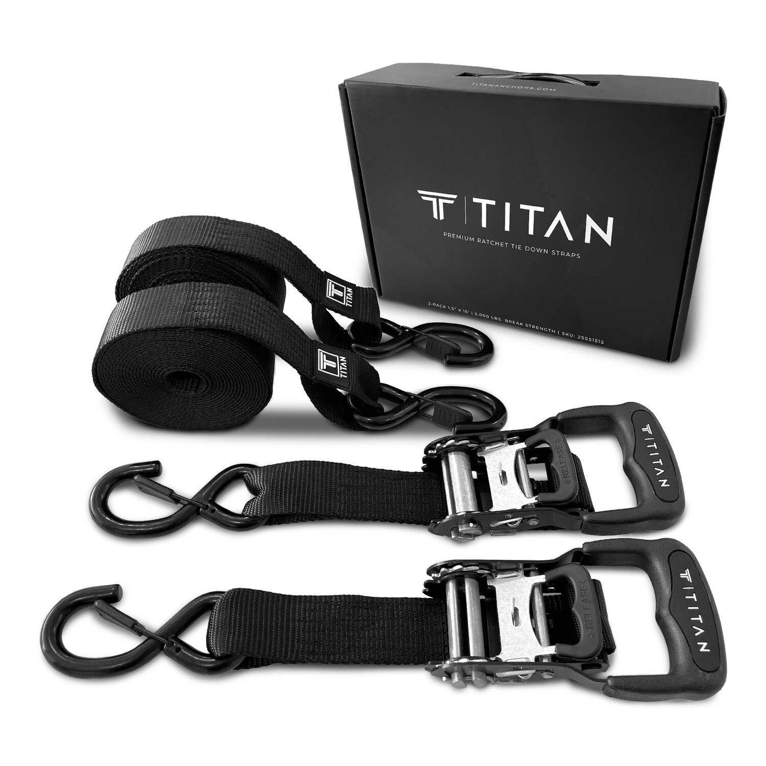 2-Pack Heavy Duty Ratchet Tie Down Straps | 1.5" x 15' | 5000 Lbs Break Strength