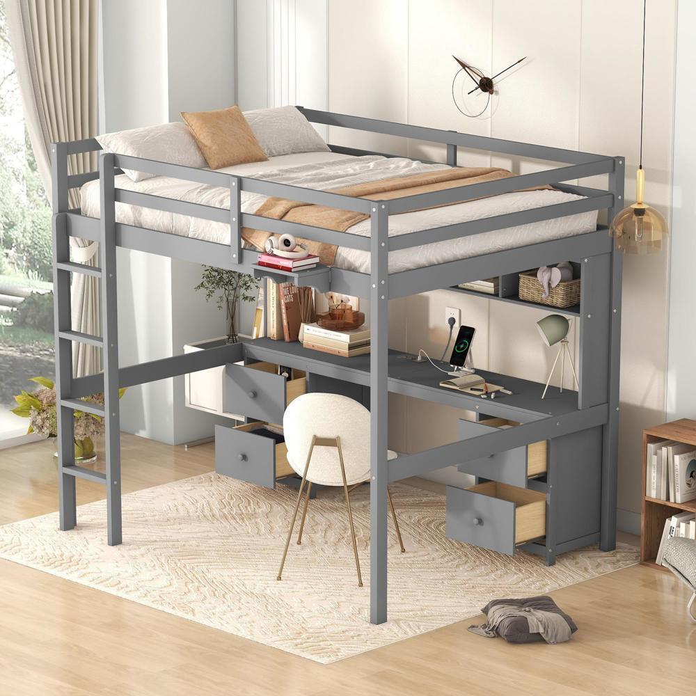 Full Size Loft Bed with Desk Cabinets Bedside Tray Charging guardrails Pine Wood