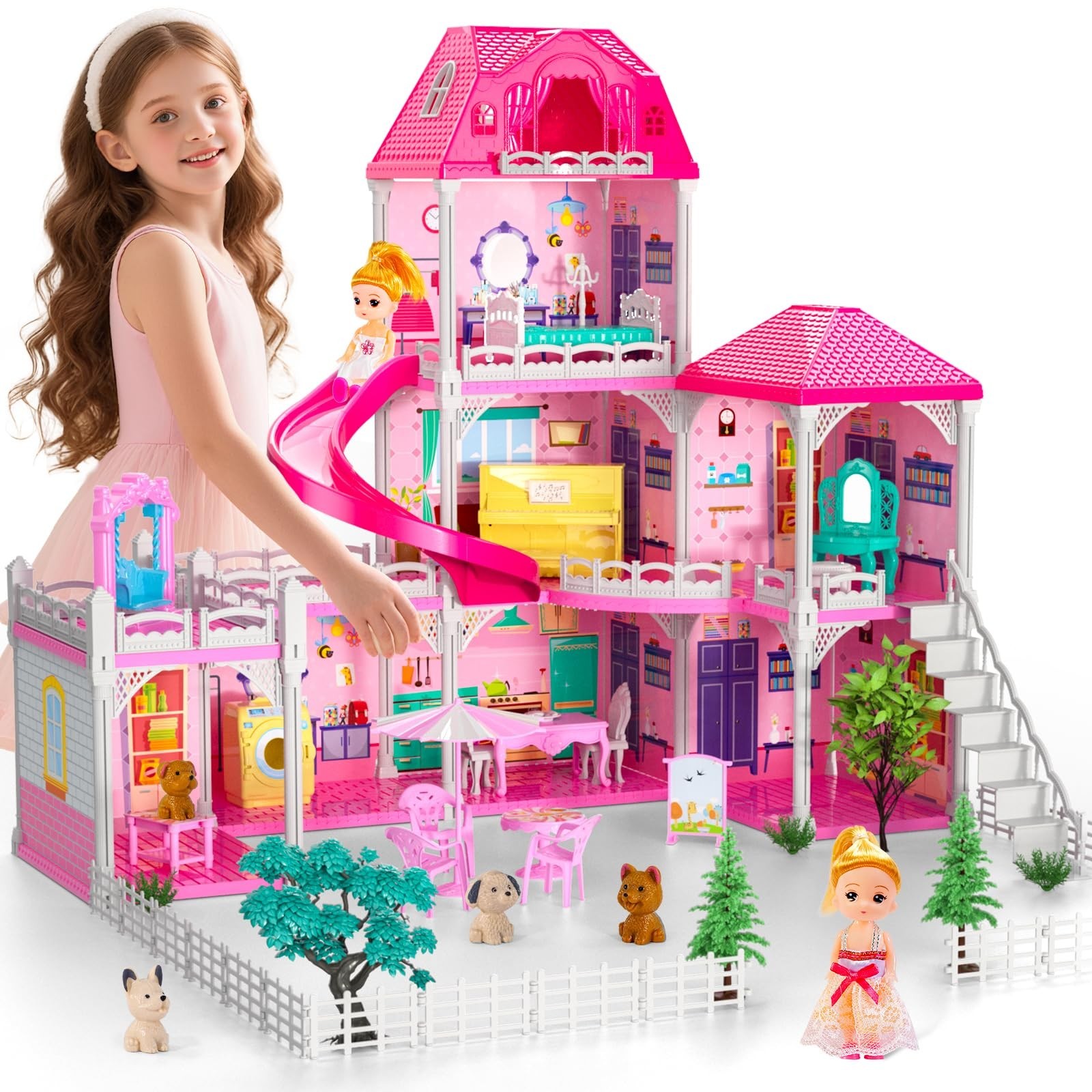 Doloowee 3-Level DIY Dollshouse for Girls with 7 Themed Rooms, 2 Dolls & 4 Do...