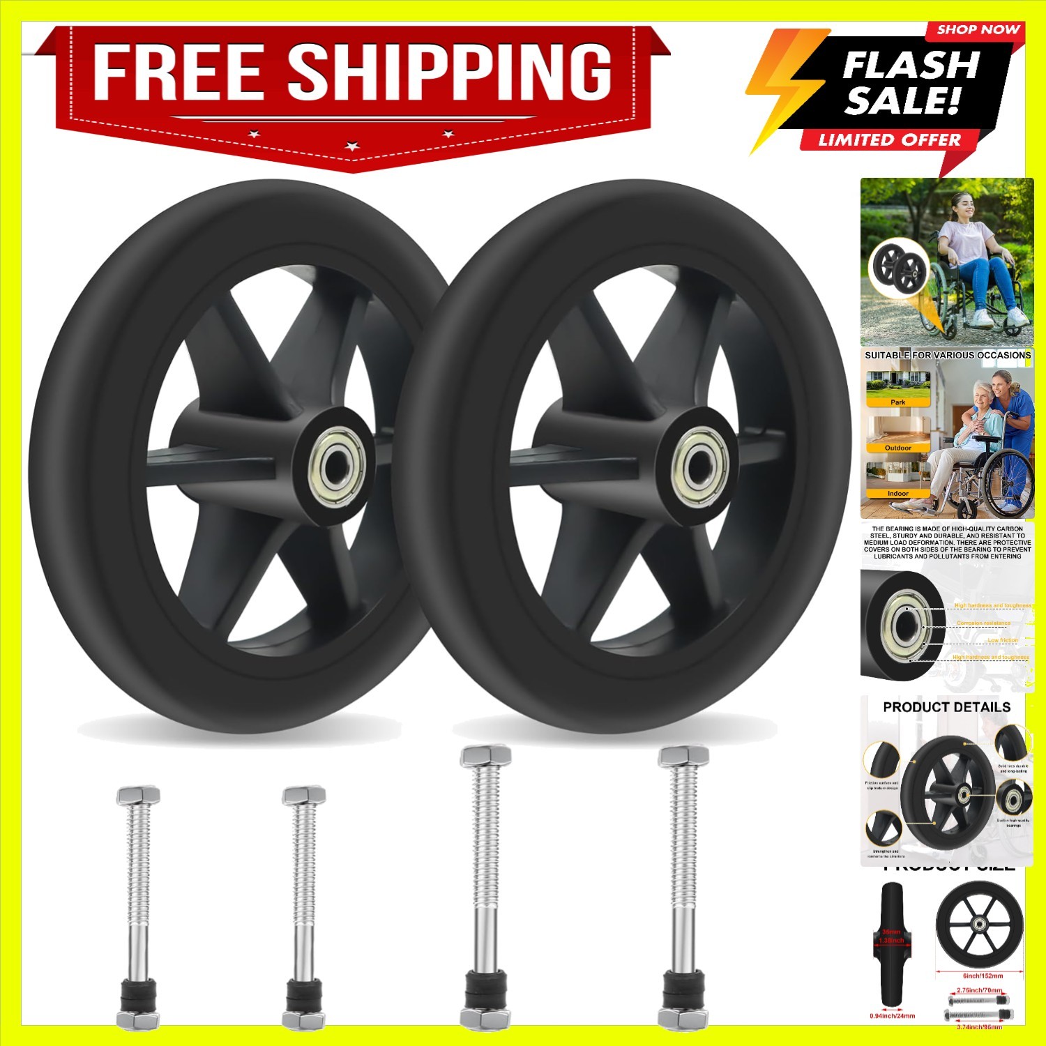 High-Quality 6-Inch Rollator Wheels - Quiet, Stable, and Easy to Install