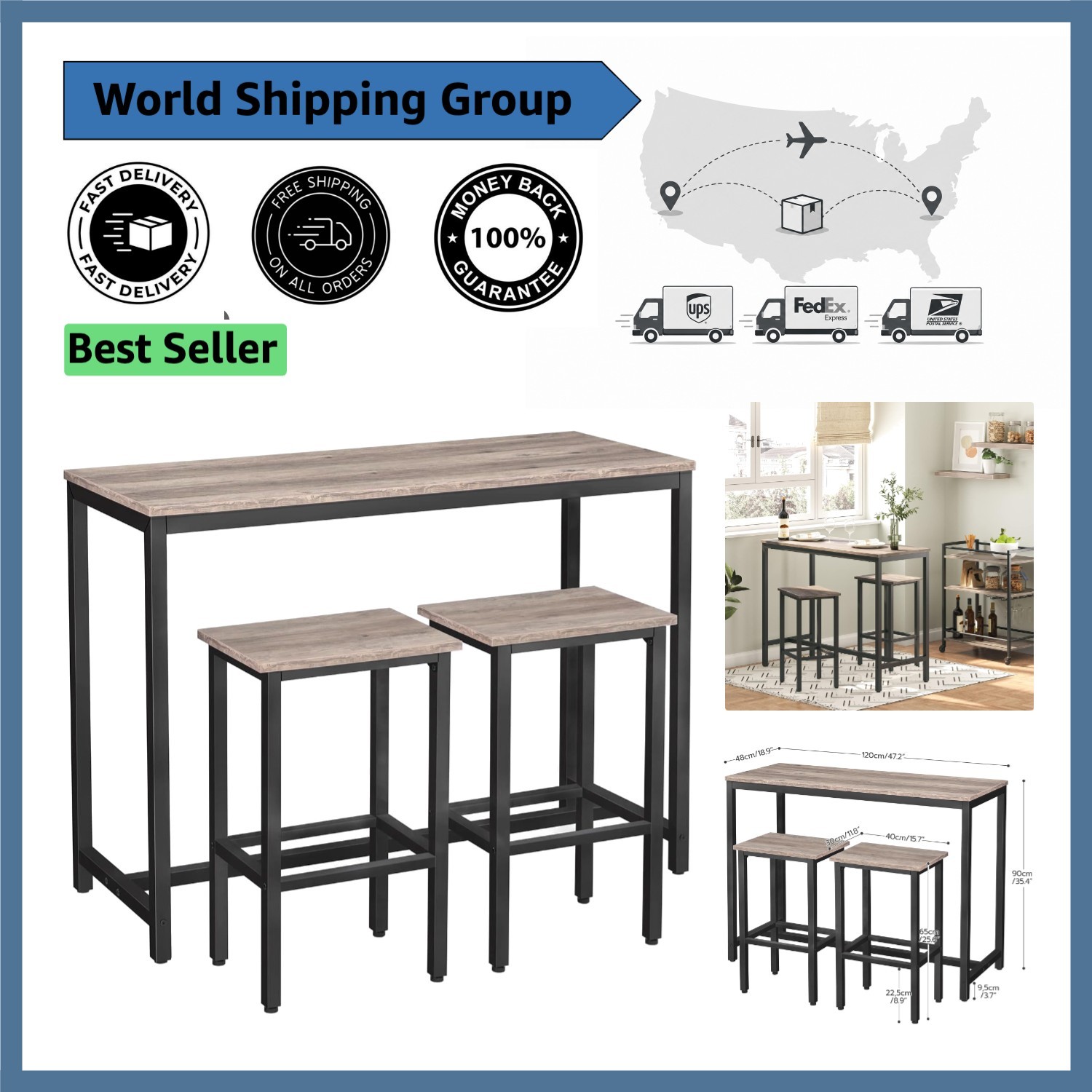 Durable 47.2'' Bar Table Set with Greige Finish - Perfect for Small Spaces