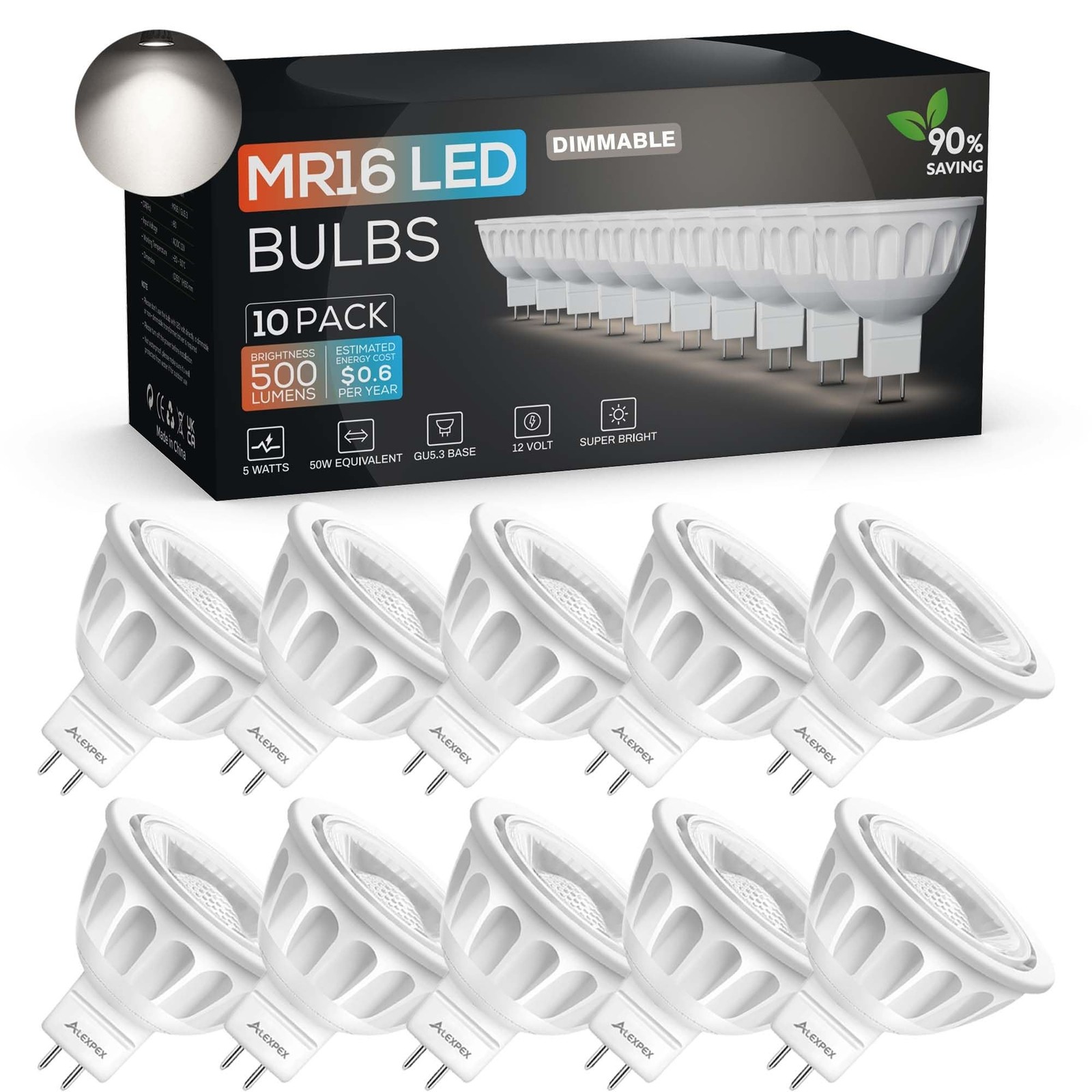 Dimmable MR16 LED Bulbs 10 Pack,5W 5000K Daylight 500LM (50W Equivalent) AC/D...
