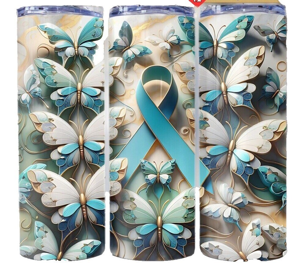 Ovarian Cancer Teal Ribbon Butterflies Butterfly 20oz Tumbler Insulated Travel