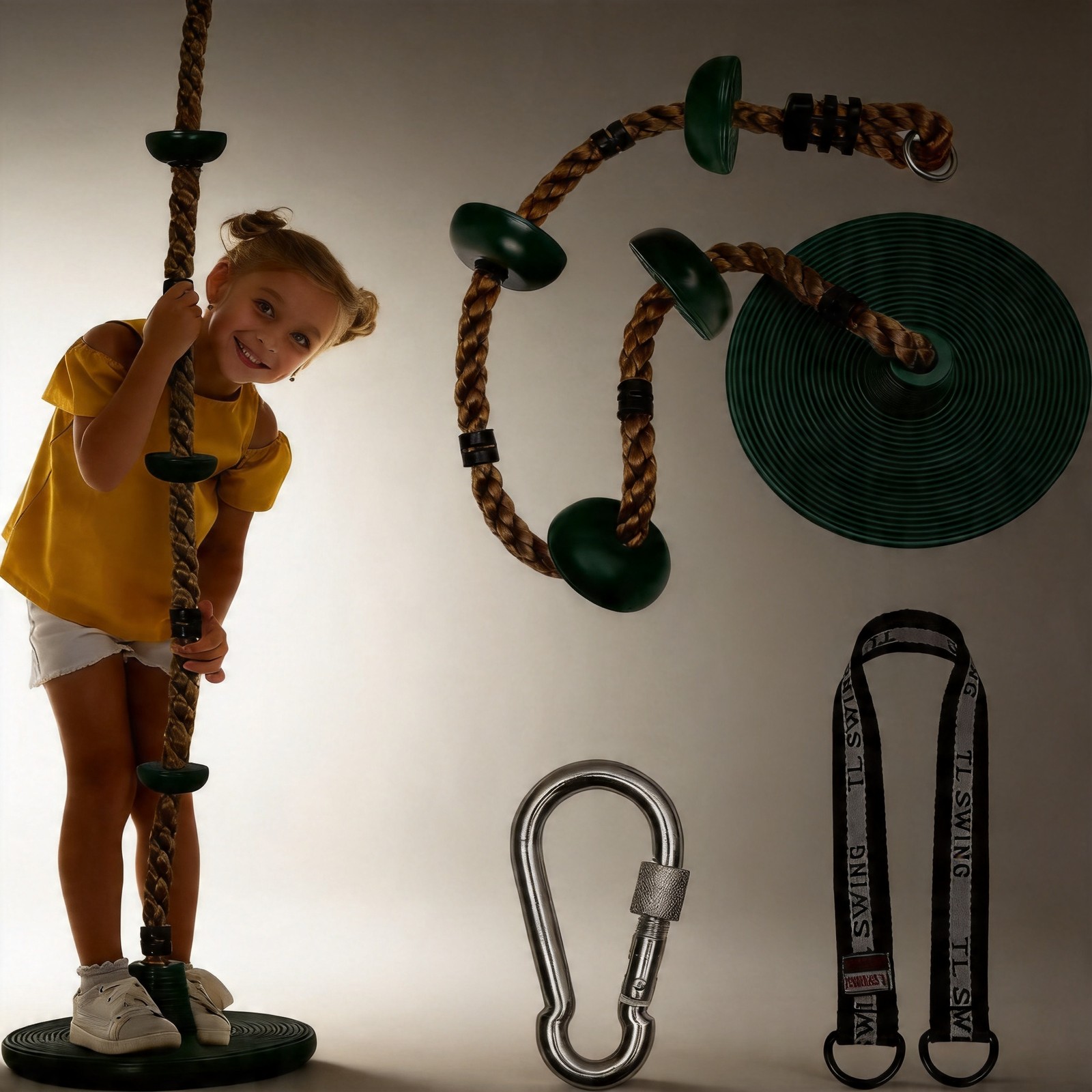 DECORLIFE Tree Swing for Kids Climbing Rope Disc Swing with Platforms Green