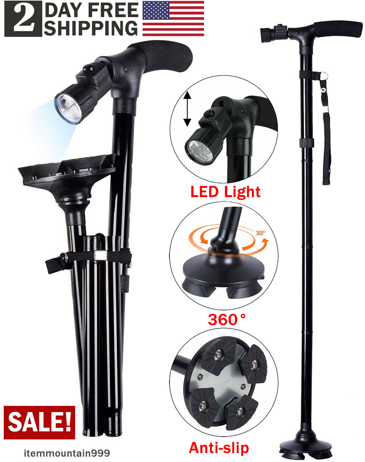 2-Pair LED Walkers with Pivoting & Folding Base, Outdoor Safety Canes (Gift)