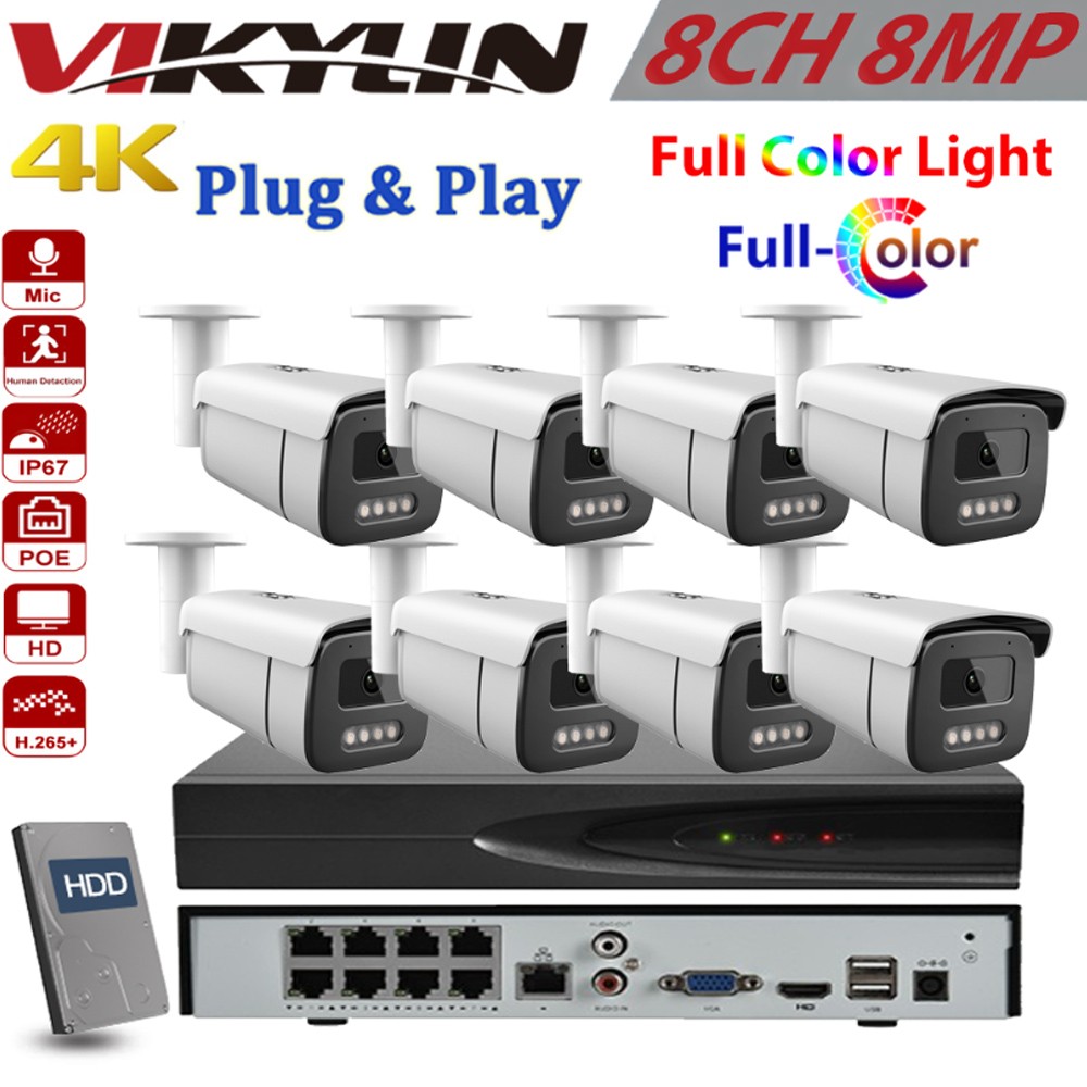 Vikylin 8CH POE NVR Security Camera System 4K 8MP Full Color Human Detection Lot