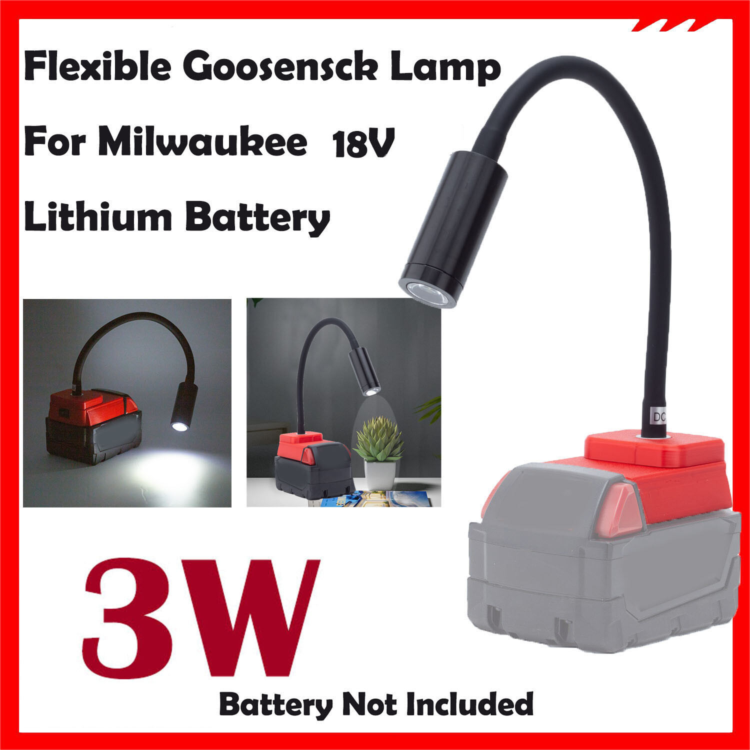 LED Work Light Flexible Bendable For Milwaukee 18V Lithium Battery Desk Lamp