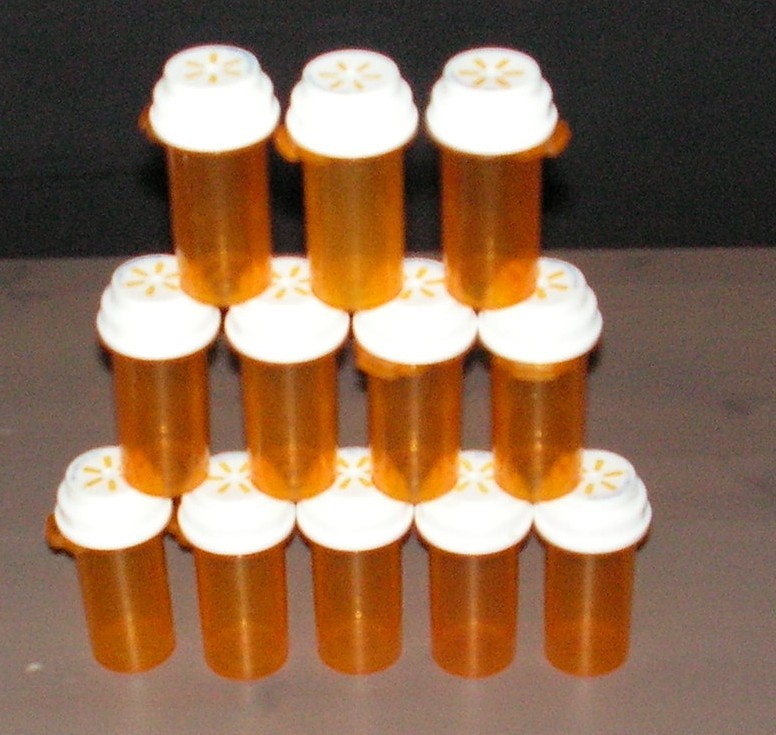 Lot of 12 Empty Amber Prescription Bottles marked PM10 from Walmart White Caps