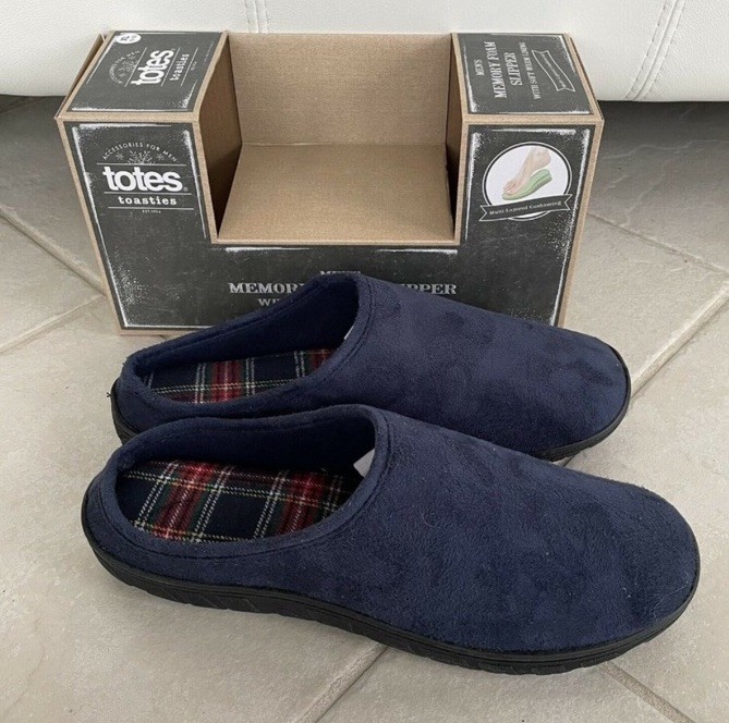 NEW Totes Toasties Men's MEMORY FOAM SLIPPERS Navy Blue XL (11-12) Heavy Treads