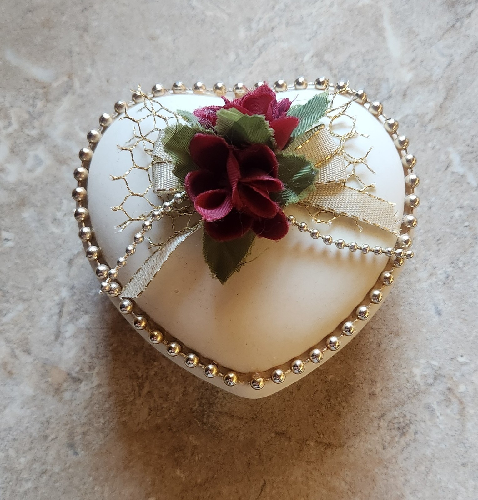 Trinket Box Heart Shaped with Flowers Beads Ribbon Ceramic Jewelry Holder VTG